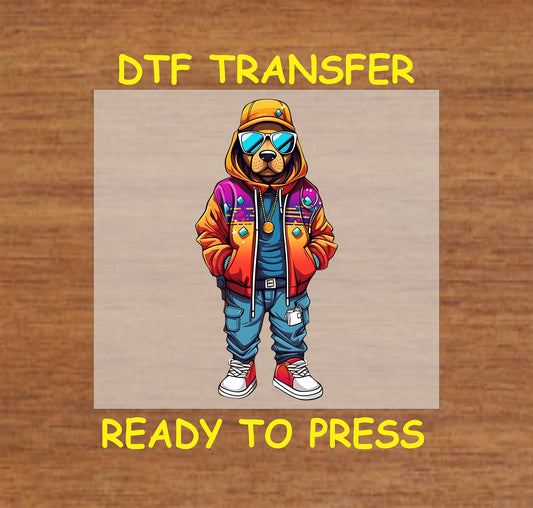 Dog wearing urban streetwear, sunglasses, and sneakers in a colorful DTF transfer.