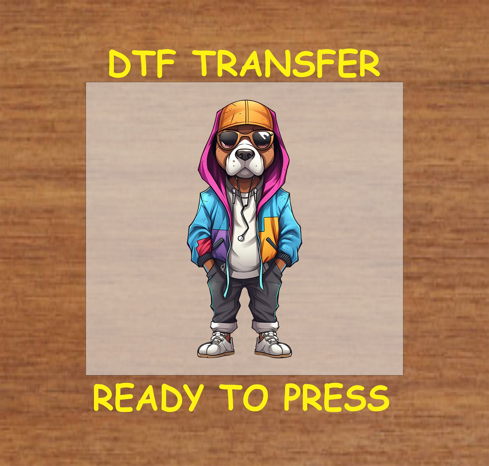 Dog in urban streetwear with sunglasses, hoodie, and sneakers, DTF transfer.