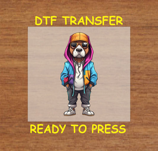 Dog in urban streetwear with sunglasses, hoodie, and sneakers, DTF transfer.