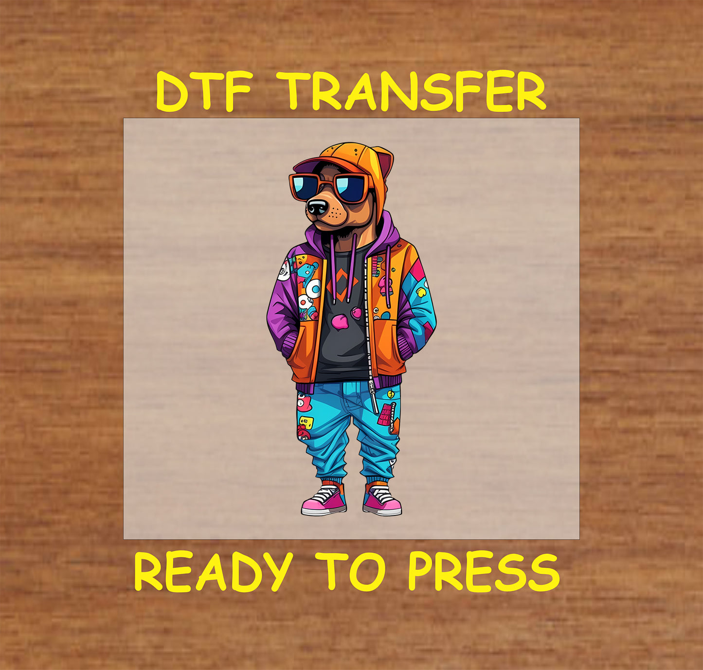 Dog in urban streetwear with hoodie, sunglasses, and colorful joggers, DTF transfer.