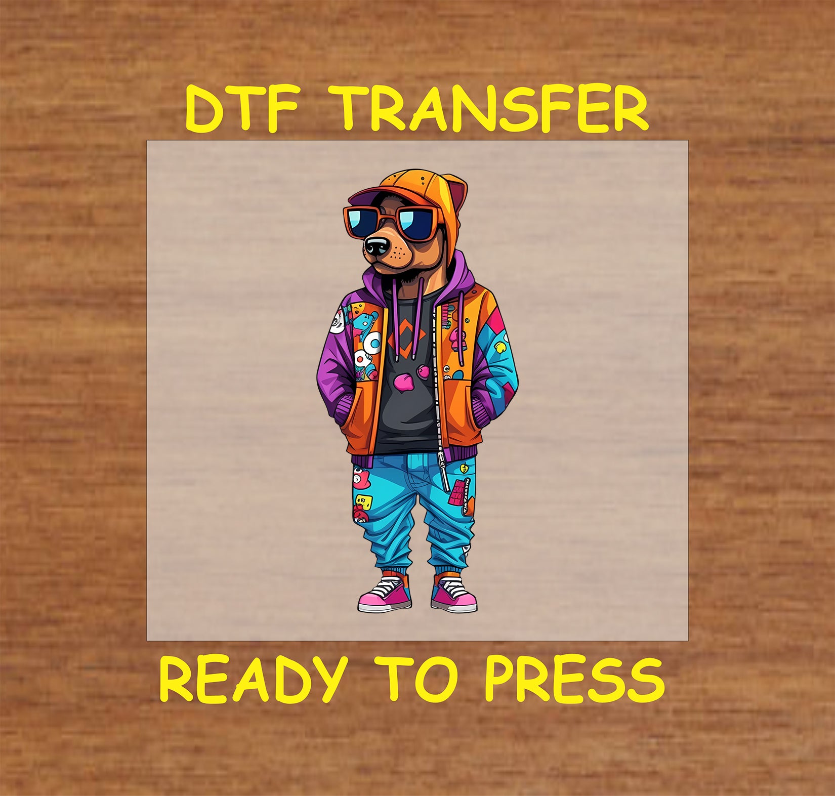 Dog in urban streetwear with hoodie, sunglasses, and colorful joggers, DTF transfer.