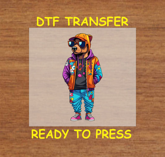 Dog in urban streetwear with hoodie, sunglasses, and colorful joggers, DTF transfer.