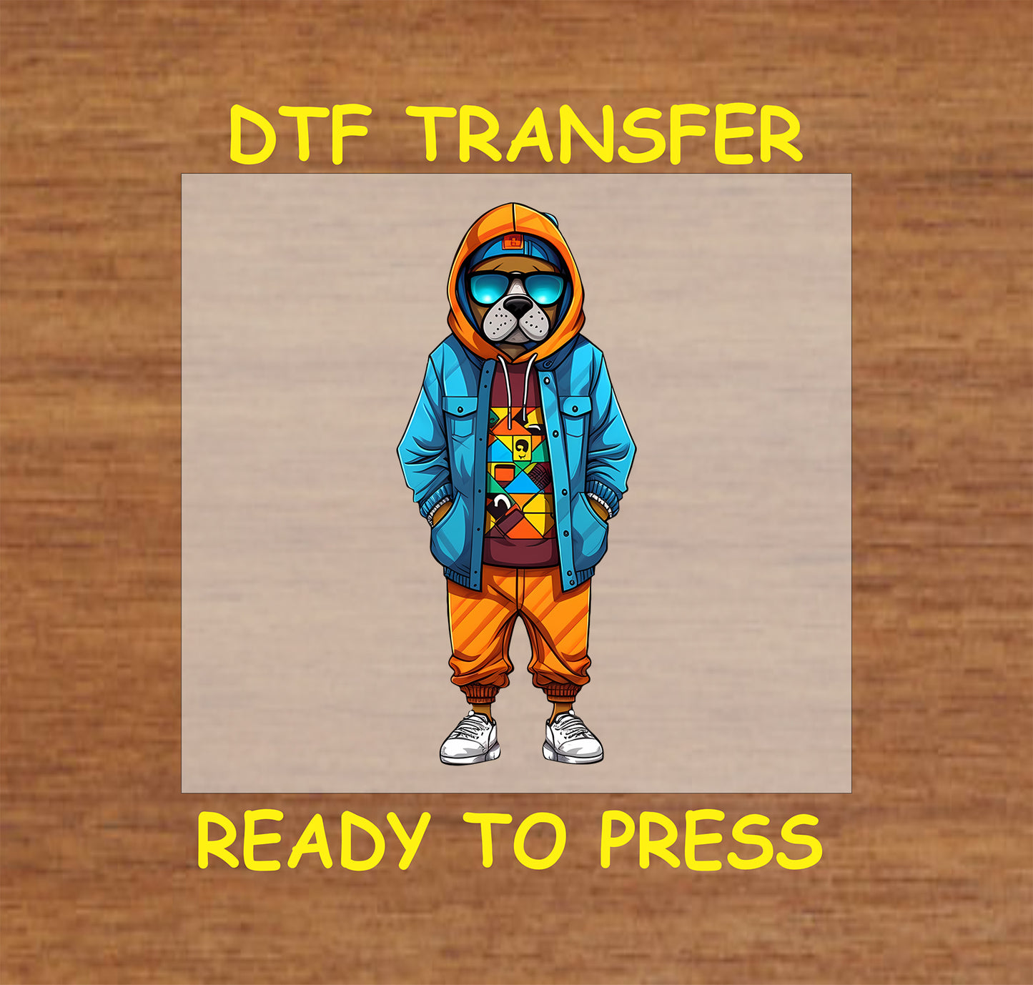 Dog in urban streetwear with hoodie, sunglasses, and geometric-patterned shirt, DTF transfer.