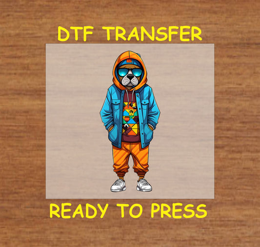 Dog in urban streetwear with hoodie, sunglasses, and geometric-patterned shirt, DTF transfer.