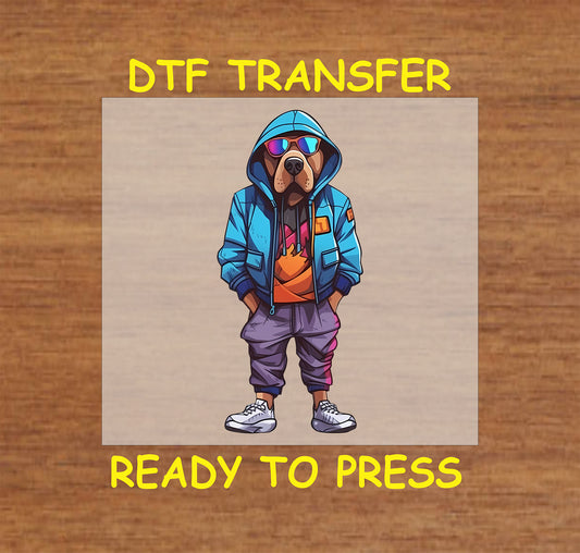 Dog in urban streetwear with hoodie, sunglasses, and a graphic shirt, DTF transfer.