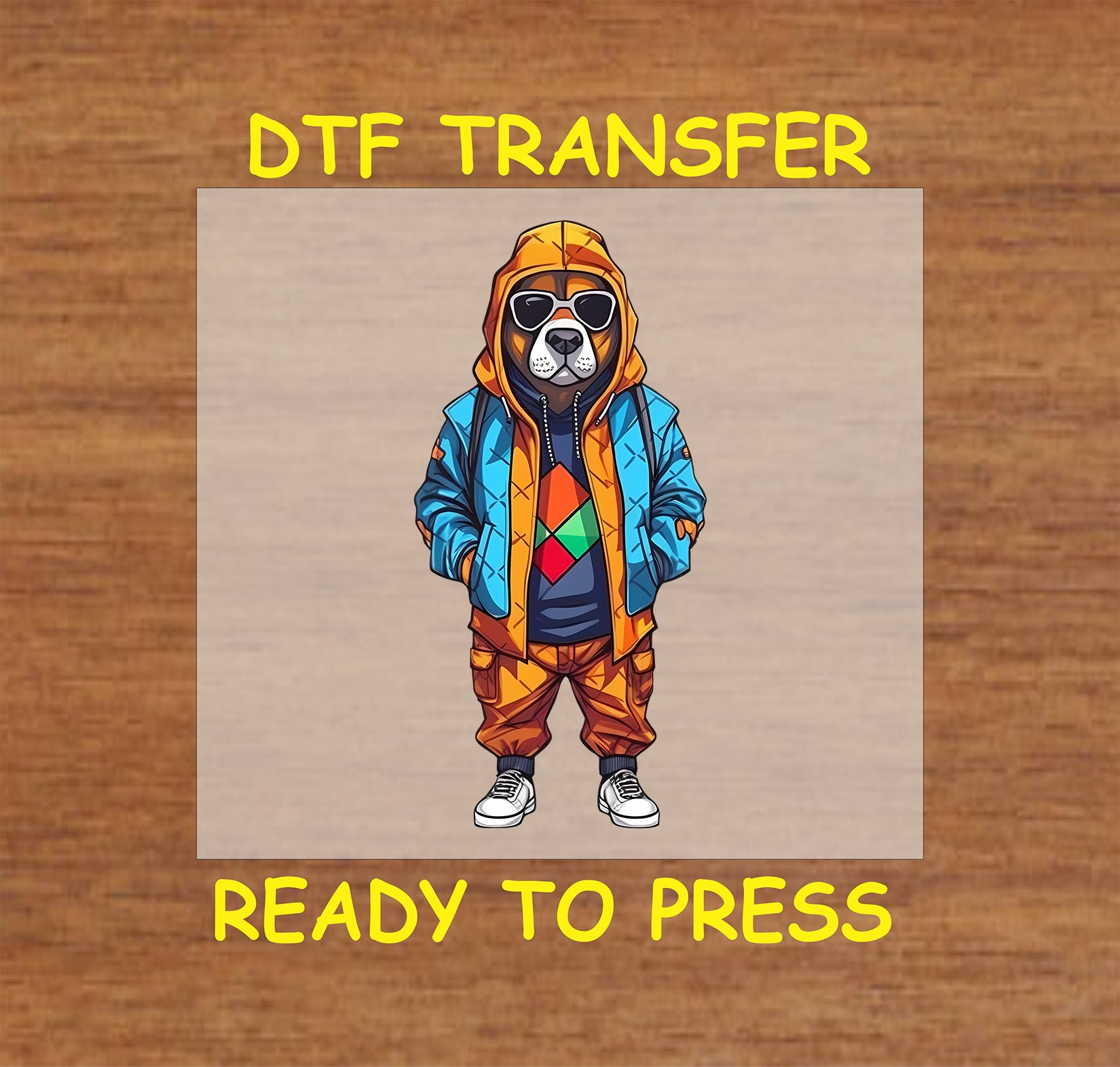 Dog in urban streetwear with a hoodie, sunglasses, and a geometric-patterned shirt, DTF transfer.