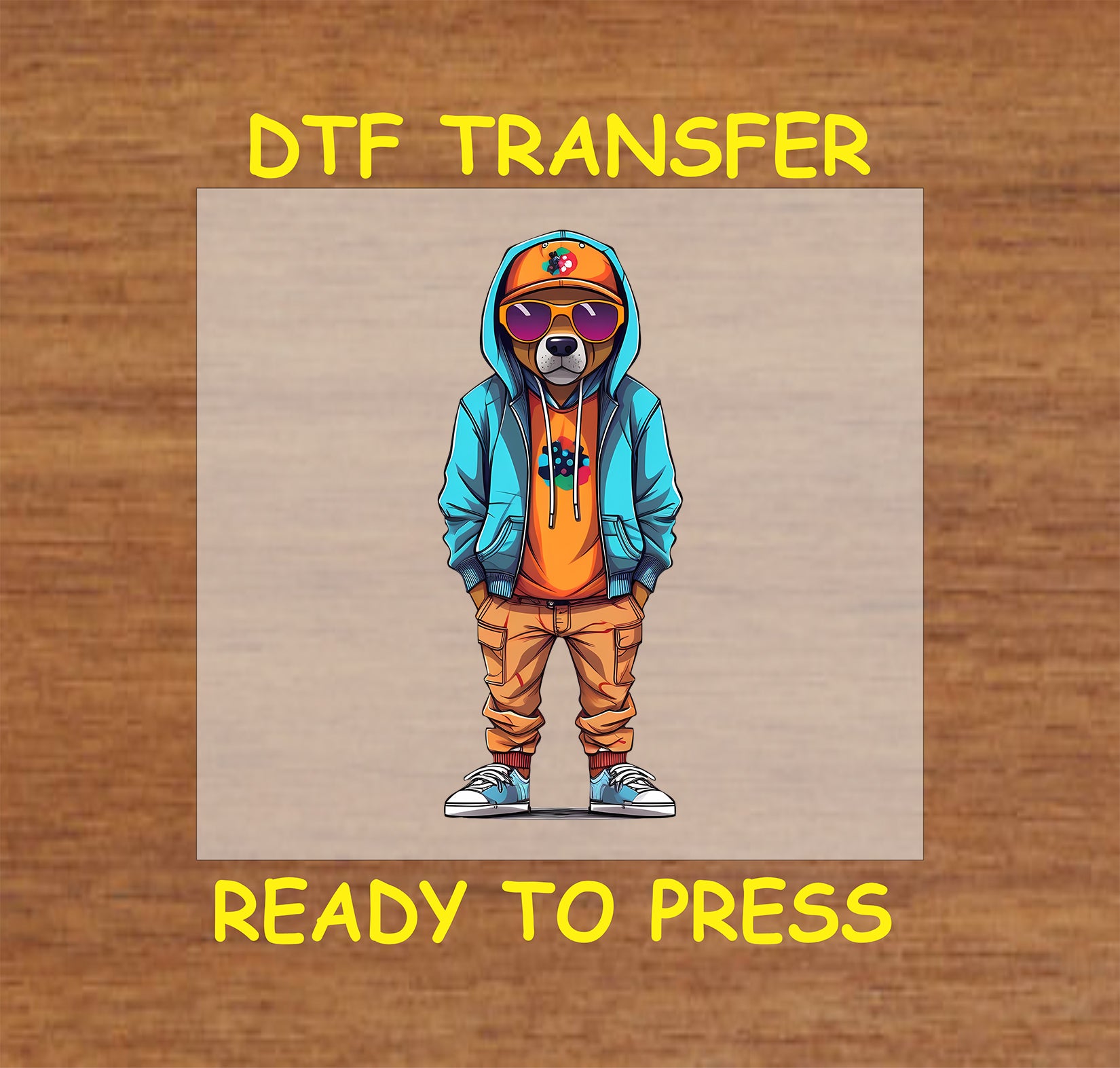 Dog in urban streetwear with a hoodie, sunglasses, and cap, DTF transfer.