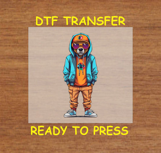 Dog in urban streetwear with a hoodie, sunglasses, and cap, DTF transfer.
