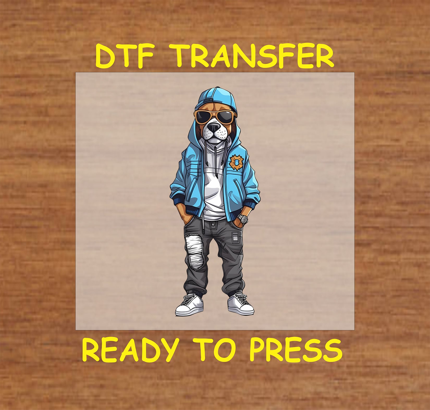 Dog in urban streetwear with a hoodie, sunglasses, and stylish outfit, DTF transfer.