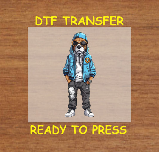 Dog in urban streetwear with a hoodie, sunglasses, and stylish outfit, DTF transfer.