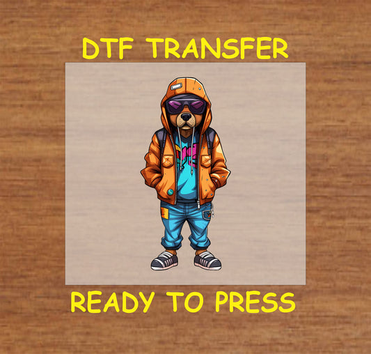 Dog in hip-hop streetwear with a hoodie, sunglasses, and a trendy outfit, DTF transfer.