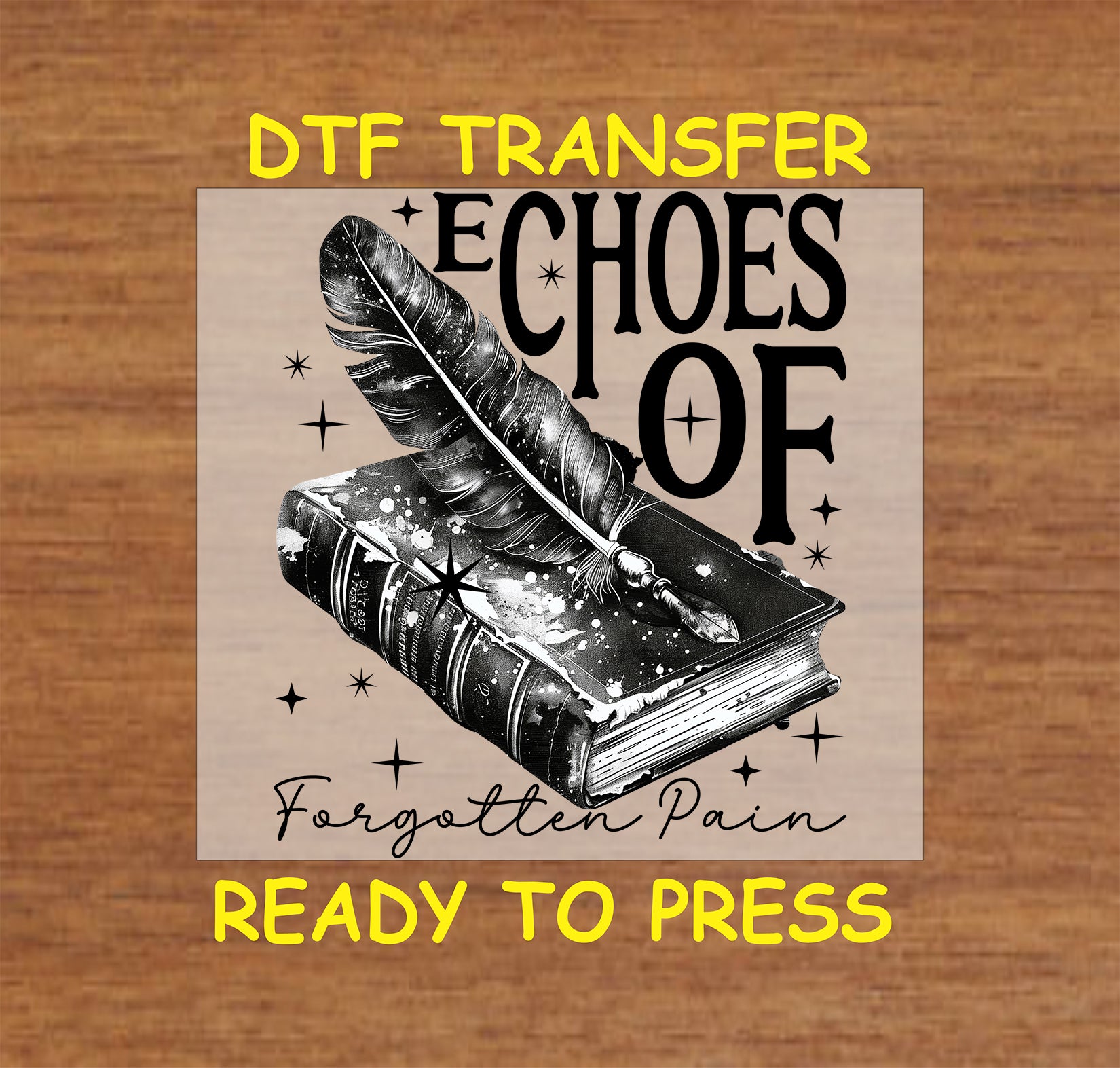Black and white gothic book with celestial quill and "Echoes of Forgotten Pain" text, DTF transfer.
