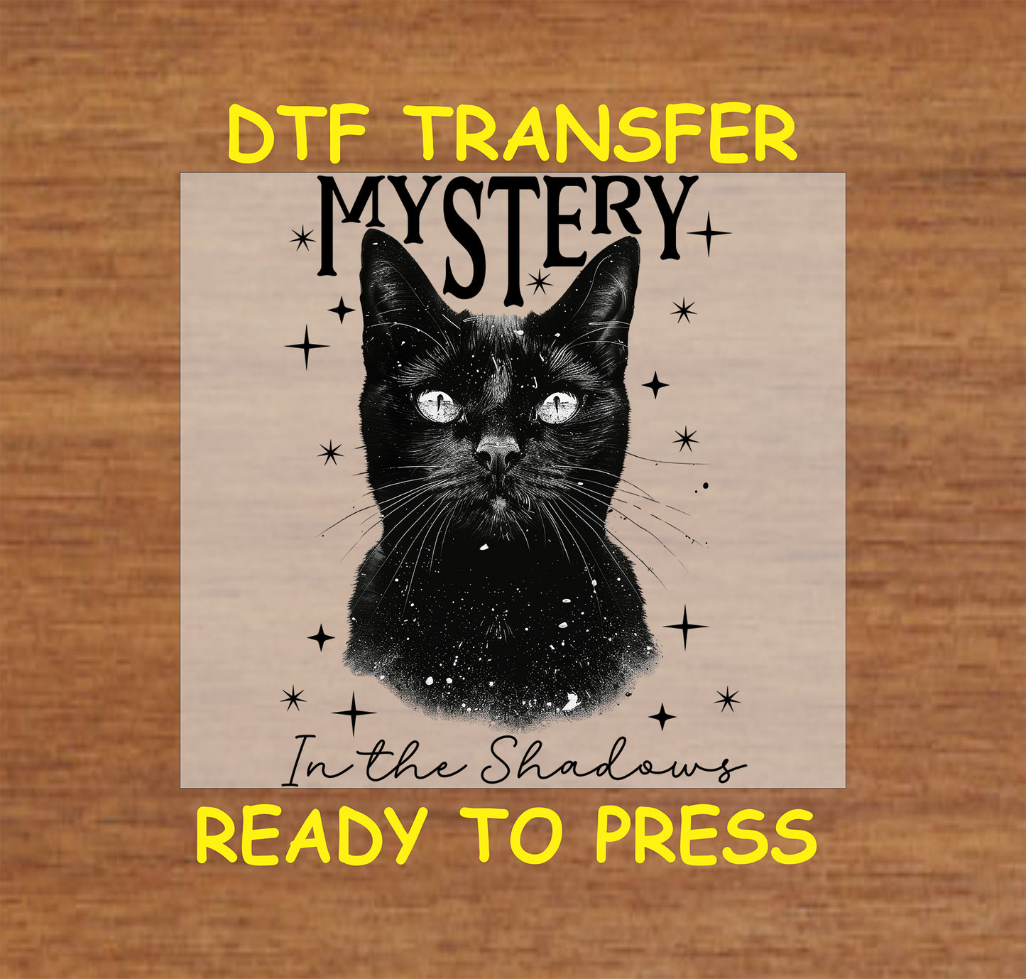 Gothic black cat with celestial elements and "Mystery in the Shadows" text, DTF transfer.