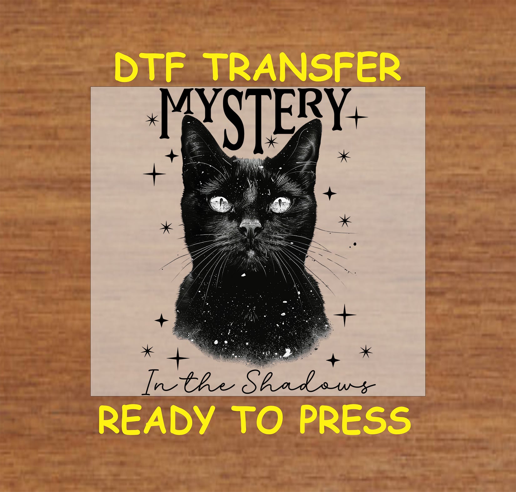 Gothic black cat with celestial elements and "Mystery in the Shadows" text, DTF transfer.