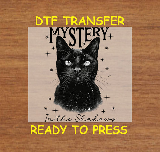 Gothic black cat with celestial elements and "Mystery in the Shadows" text, DTF transfer.
