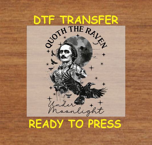 Edgar Allan Poe with a raven and moonlit gothic background, DTF transfer.