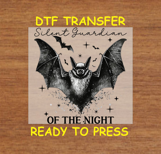 Gothic bat with outstretched wings and flying bats, surrounded by stars.