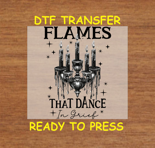 Gothic candle chandelier with dripping wax and celestial accents in a DTF transfer.