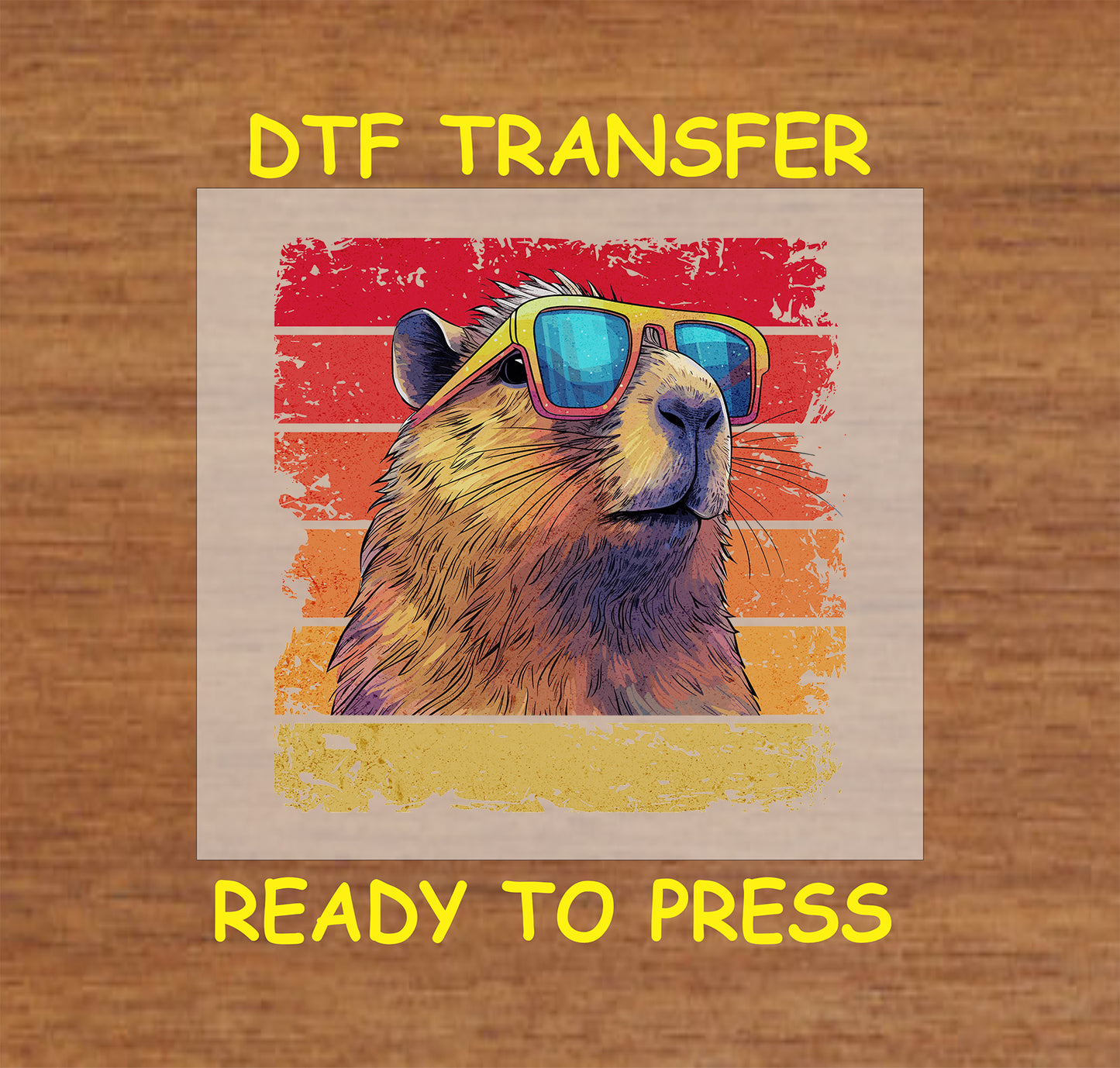 Capybara wearing retro sunglasses with a vintage sunset background.