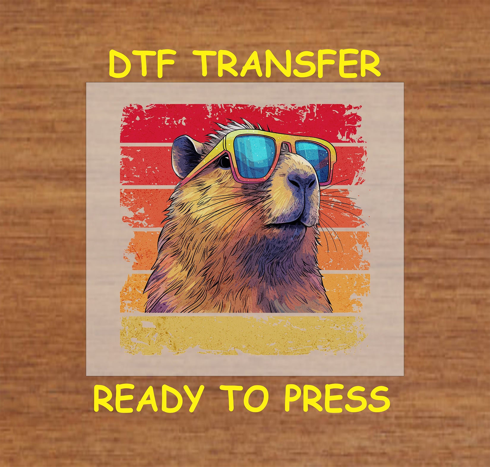 Capybara wearing retro sunglasses with a vintage sunset background.