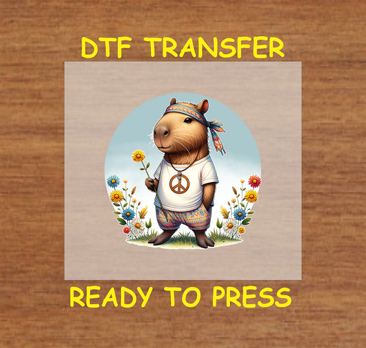 Capybara wearing hippie clothes, peace sign necklace, and holding a flower.