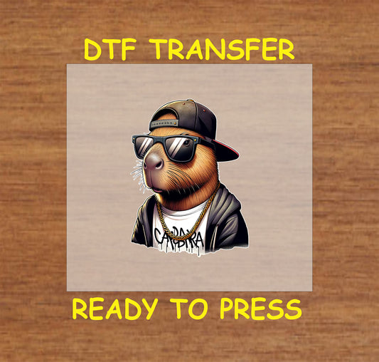 Cool capybara wearing sunglasses, a snapback, and a gold chain in hip-hop style.
