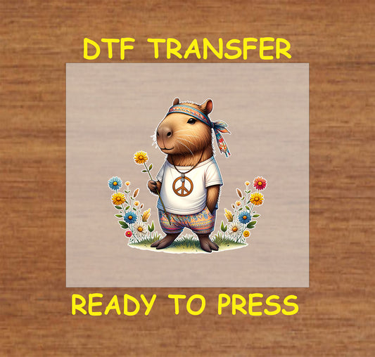 Capybara dressed in a hippie outfit with a peace sign necklace and floral background.
