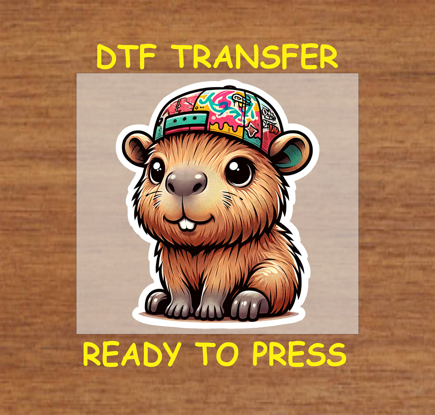 Cute capybara wearing a colorful hat in a cartoon-style design.