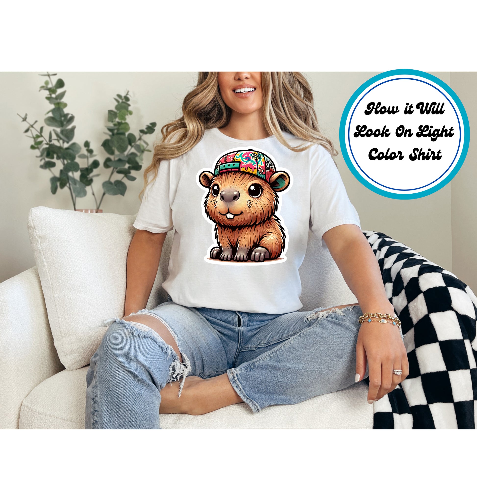 Cute capybara wearing a colorful hat in a cartoon-style design.