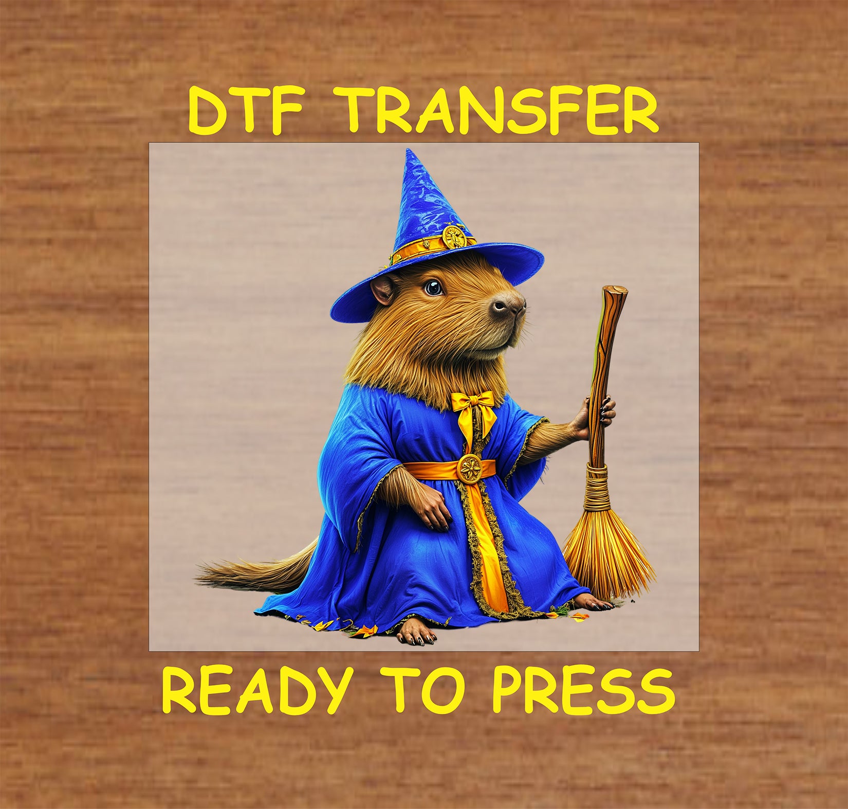 Capybara dressed as a wizard in a blue robe and hat, holding a broomstick.