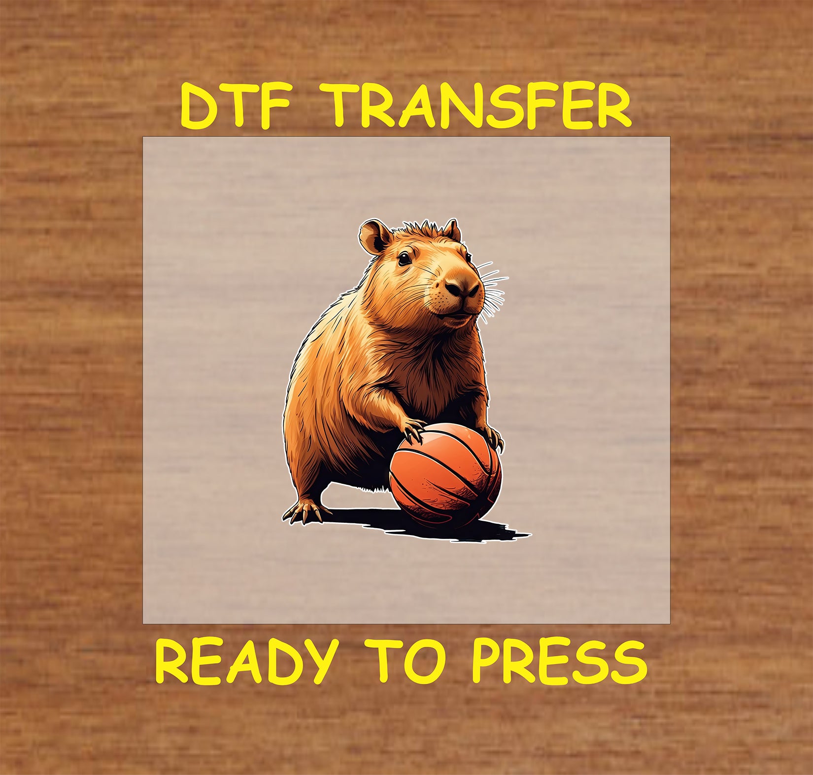 Capybara standing with a basketball, fun sports-themed design.