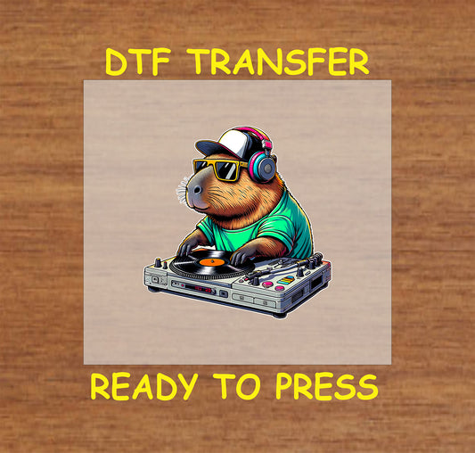 Capybara DJ wearing sunglasses and headphones, spinning records.