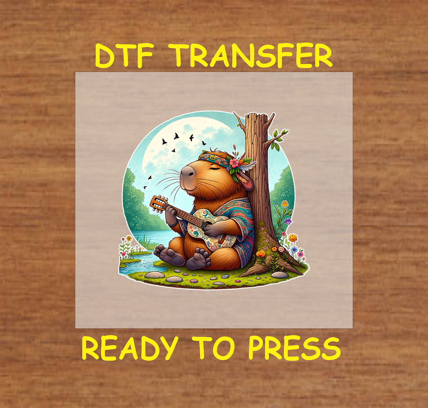 Capybara wearing a floral headband and boho outfit, playing a guitar under a tree with flowers and a peaceful nature backdrop.