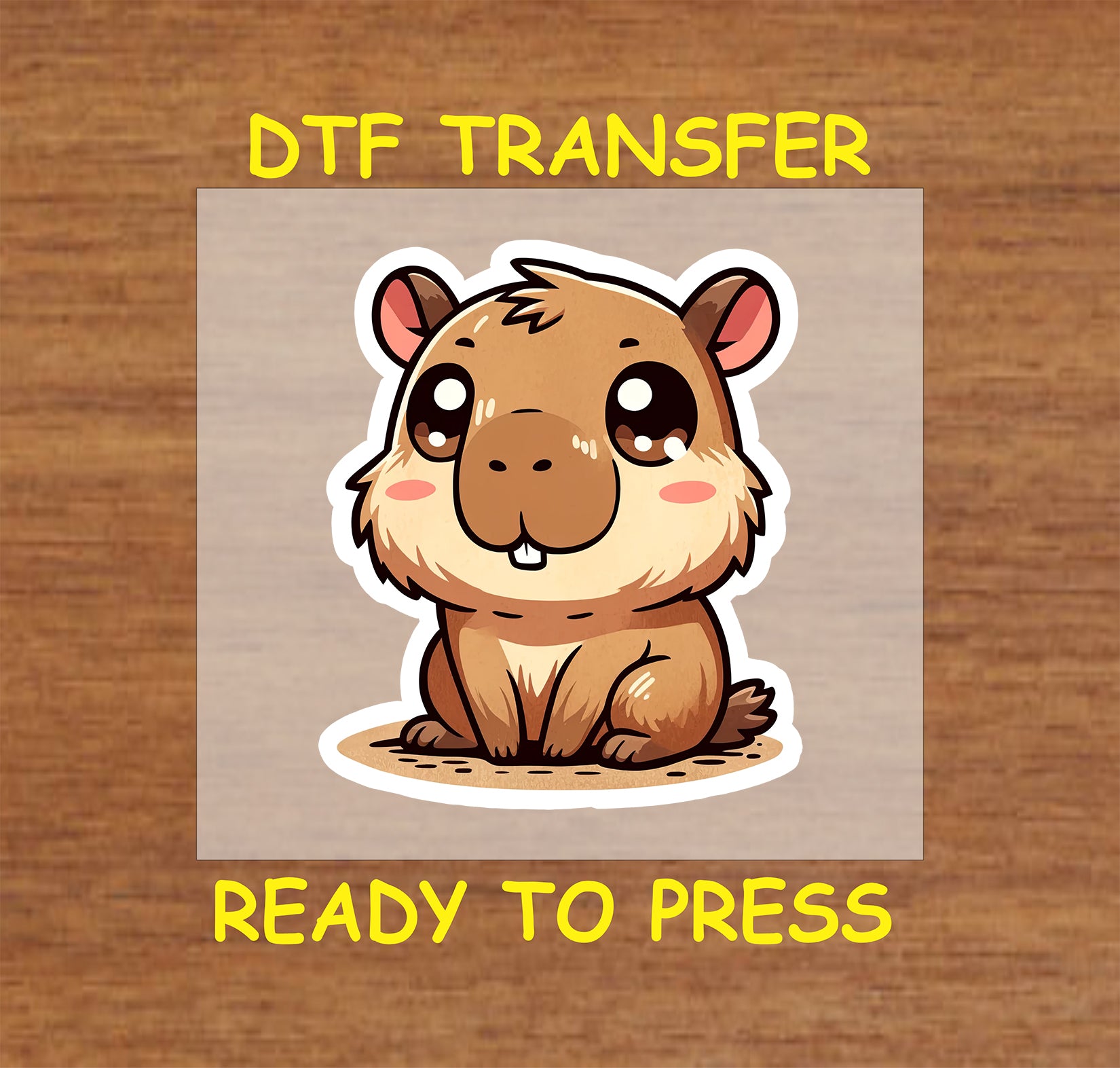 Chibi-style capybara with big eyes and a cute expression, outlined in white for a sticker-like effect.