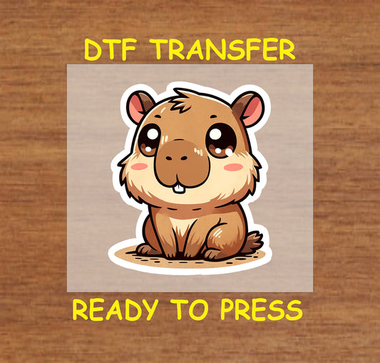 Chibi-style capybara with big eyes and a cute expression, outlined in white for a sticker-like effect.