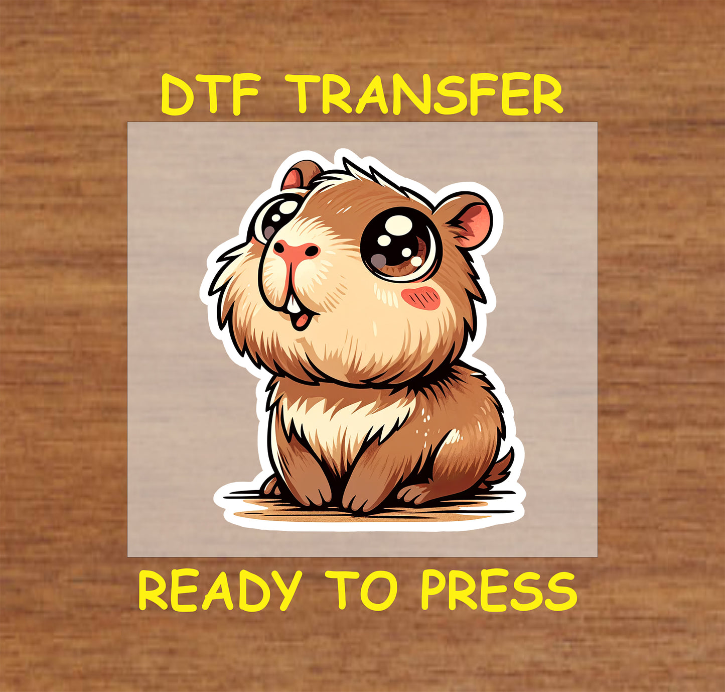 Kawaii chibi capybara with big sparkling eyes and a cheerful expression, outlined in white.