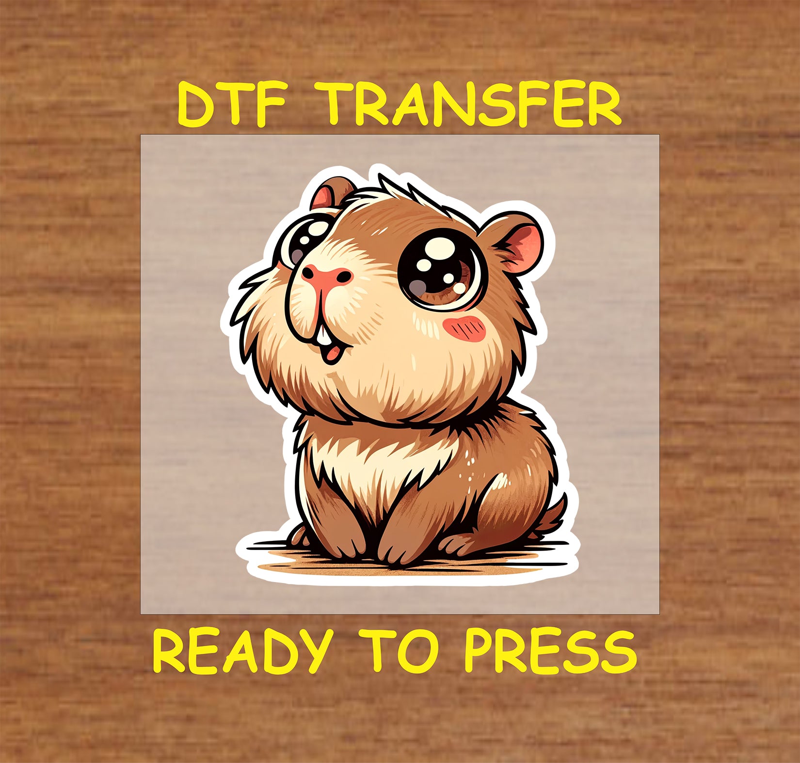 Kawaii chibi capybara with big sparkling eyes and a cheerful expression, outlined in white.