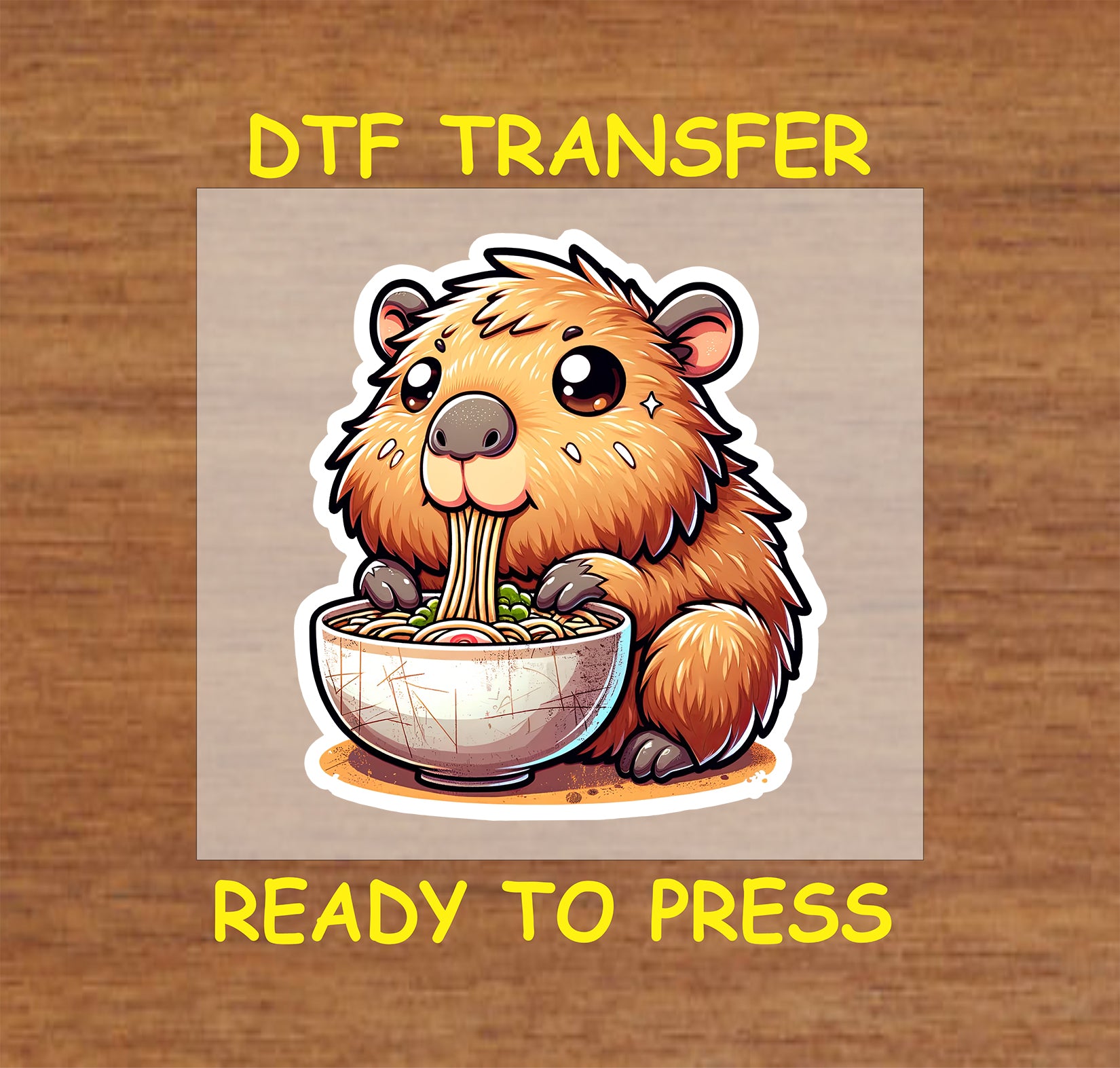 Cute kawaii capybara eating a bowl of ramen, outlined in white.