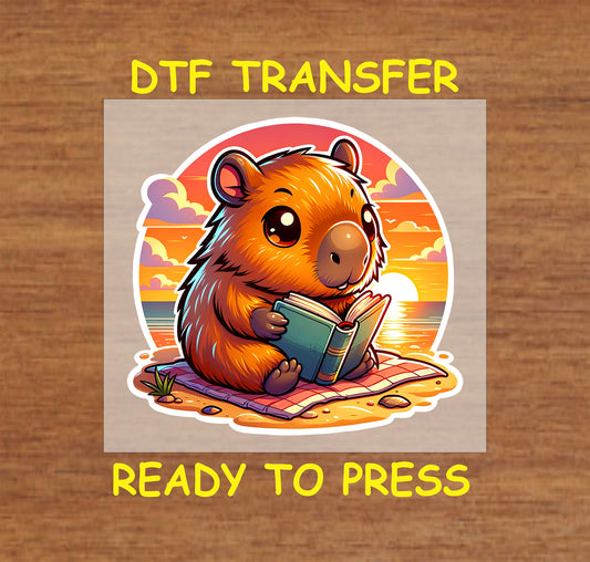 Cute capybara reading a book on the beach with a sunset background.