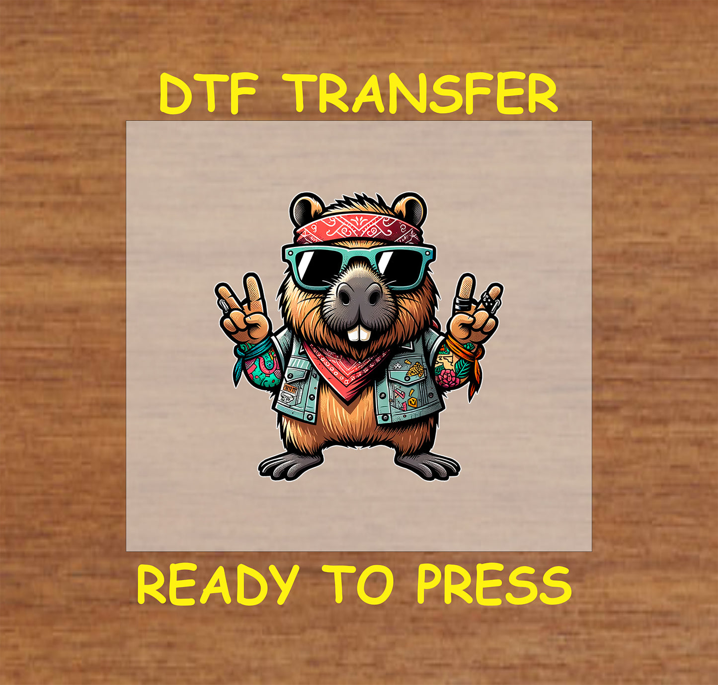 Capybara wearing sunglasses, a red bandana, and a studded denim vest, making a peace sign.