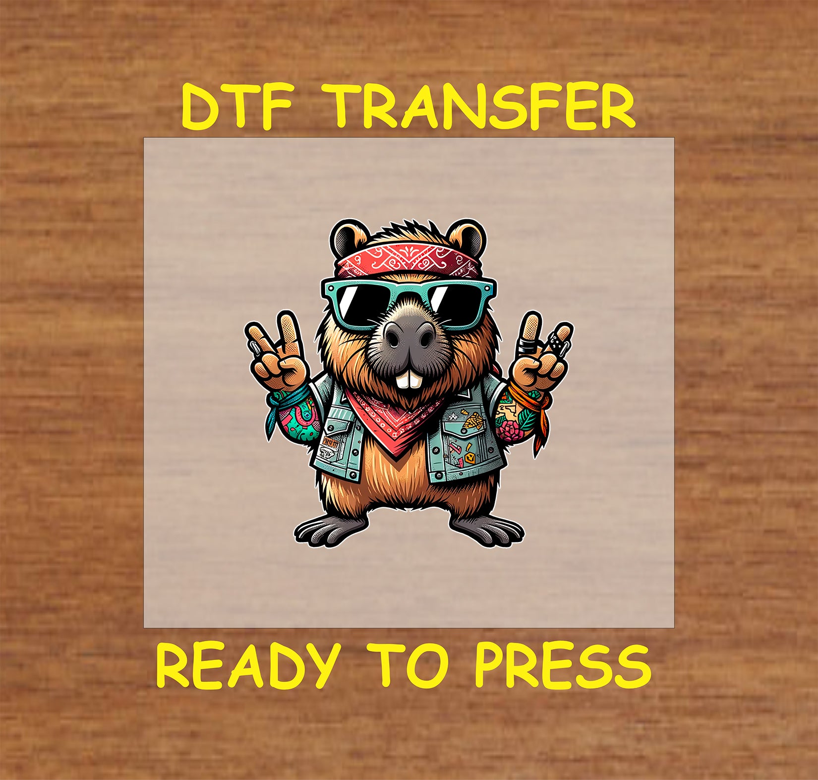 Capybara wearing sunglasses, a red bandana, and a studded denim vest, making a peace sign.