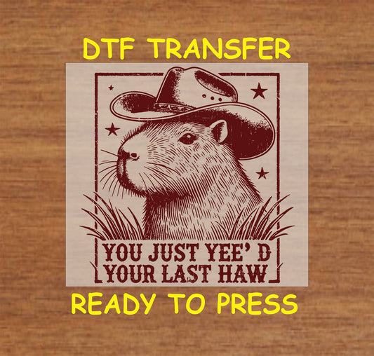 Capybara wearing a cowboy hat with the phrase "You Just Yee’d Your Last Haw" in a vintage western style.