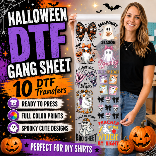 A woman holds up a Halloween-themed DTF gang sheet featuring various spooky graphic designs, set against a promotional graphic background with jack-o'-lanterns and text highlighting '10 DTF Transfers'.