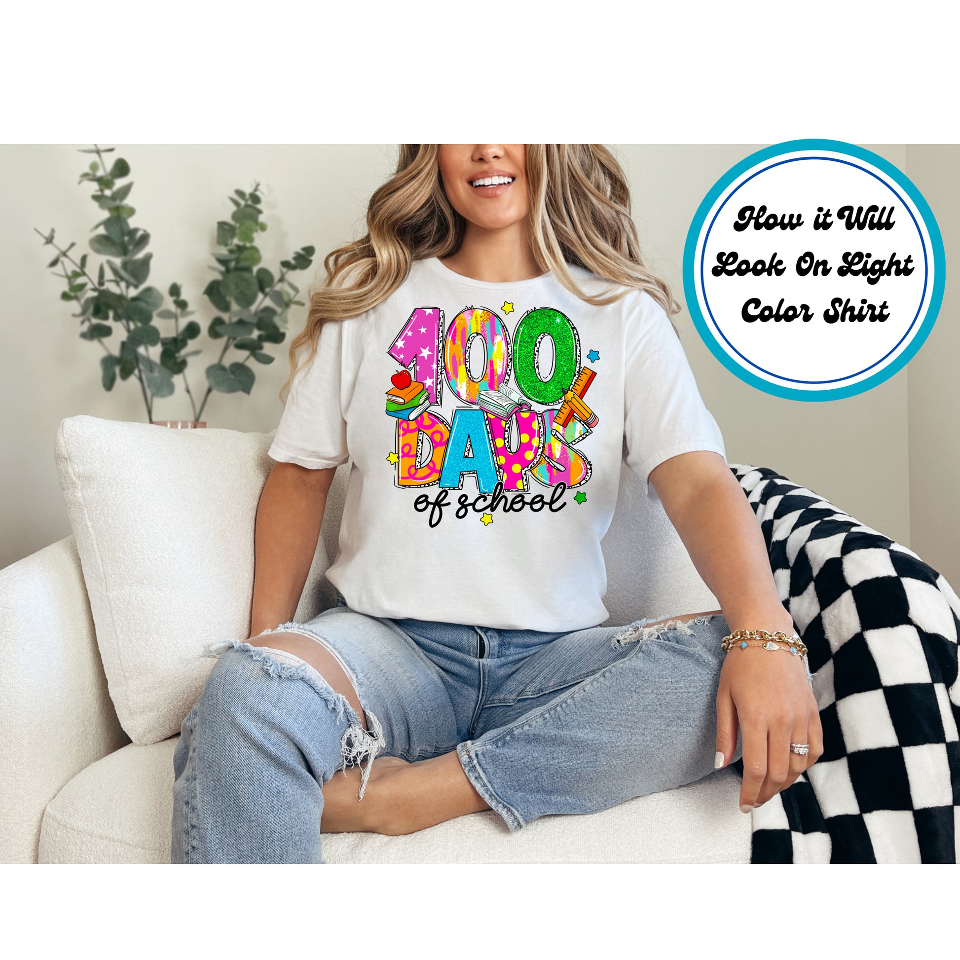 "100 Days of School" DTF transfer with glittery numbers, books, and colorful patterns.