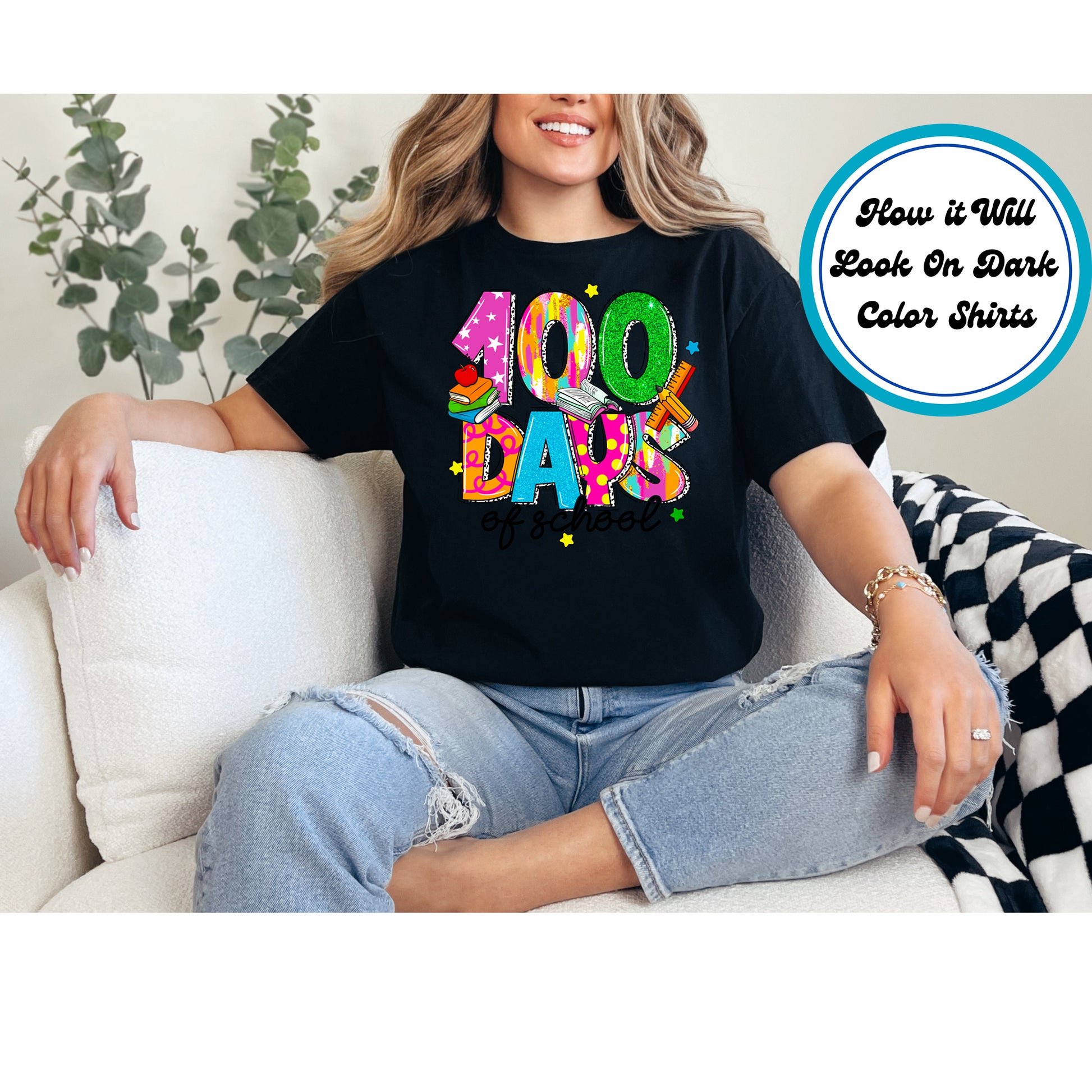 "100 Days of School" DTF transfer with glittery numbers, books, and colorful patterns.