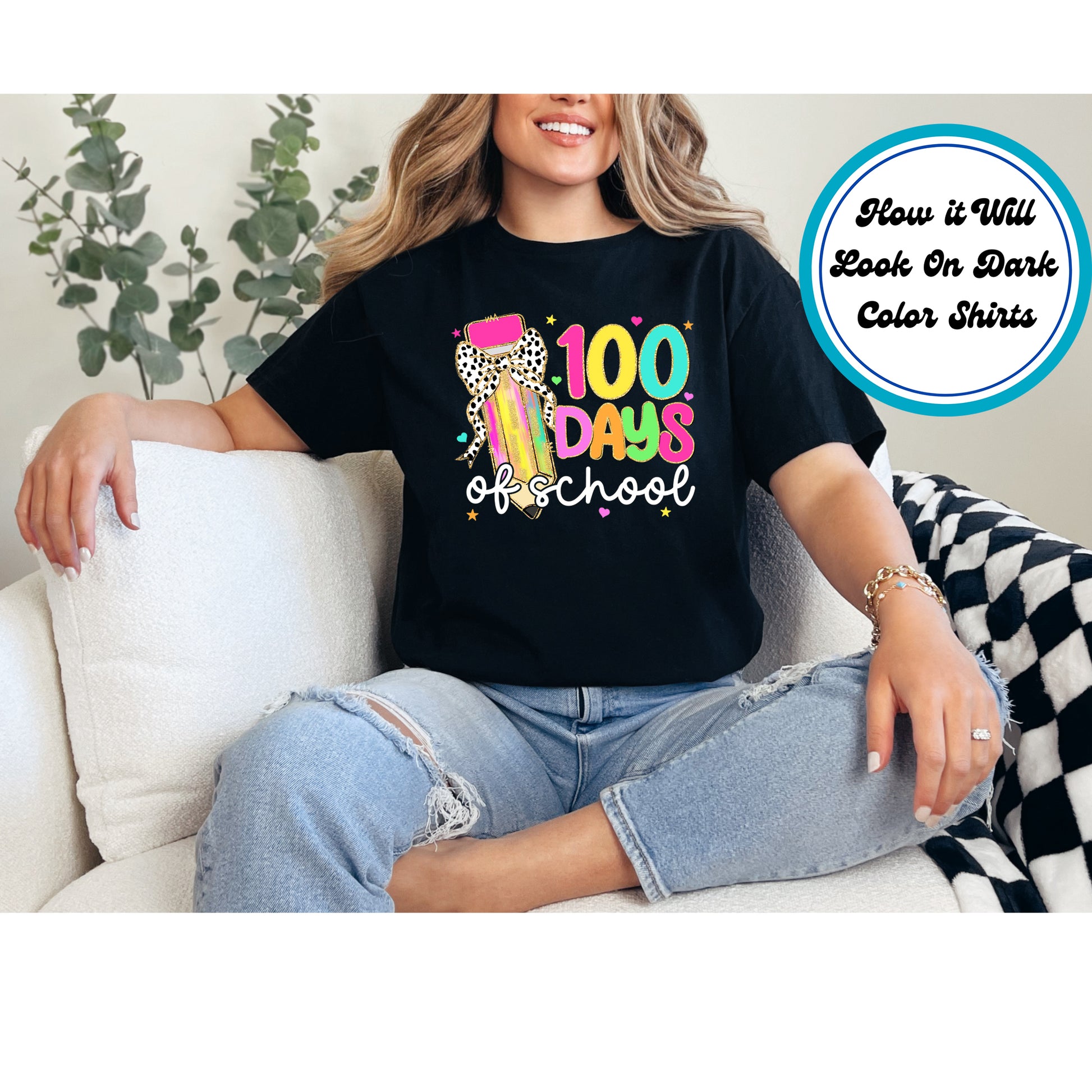 "100 Days of School" DTF transfer with a glittery pencil, leopard print bow, and colorful text.