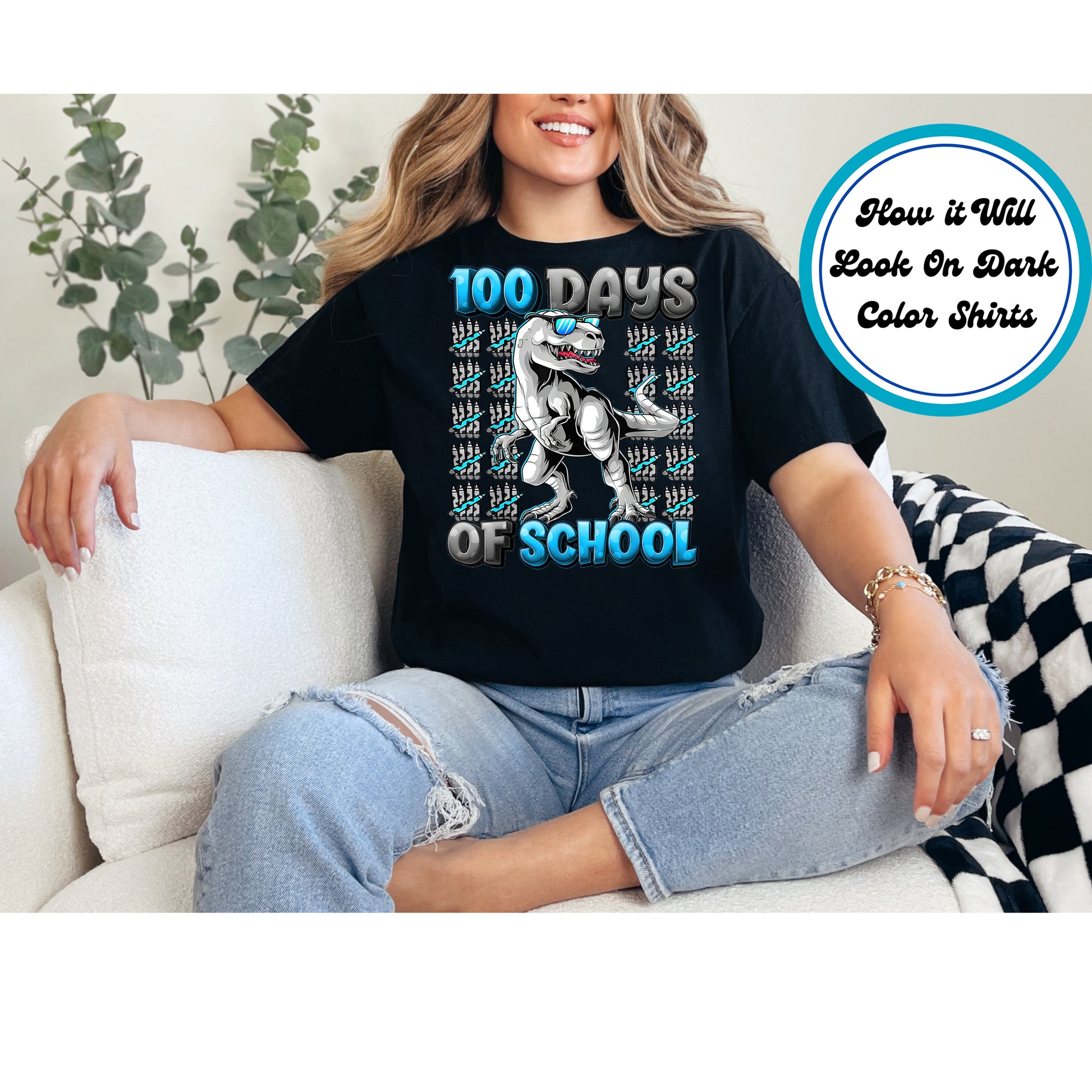 "100 Days of School" DTF transfer featuring a cool T-Rex with sunglasses and colorful school-themed elements.