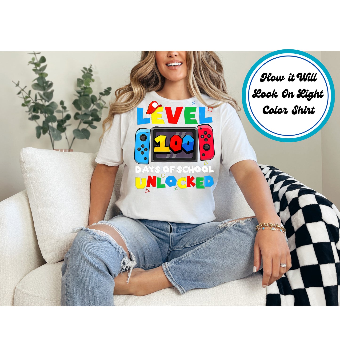 Gaming-themed "100 Days of School Level Unlocked" design featuring a game controller and bold text.