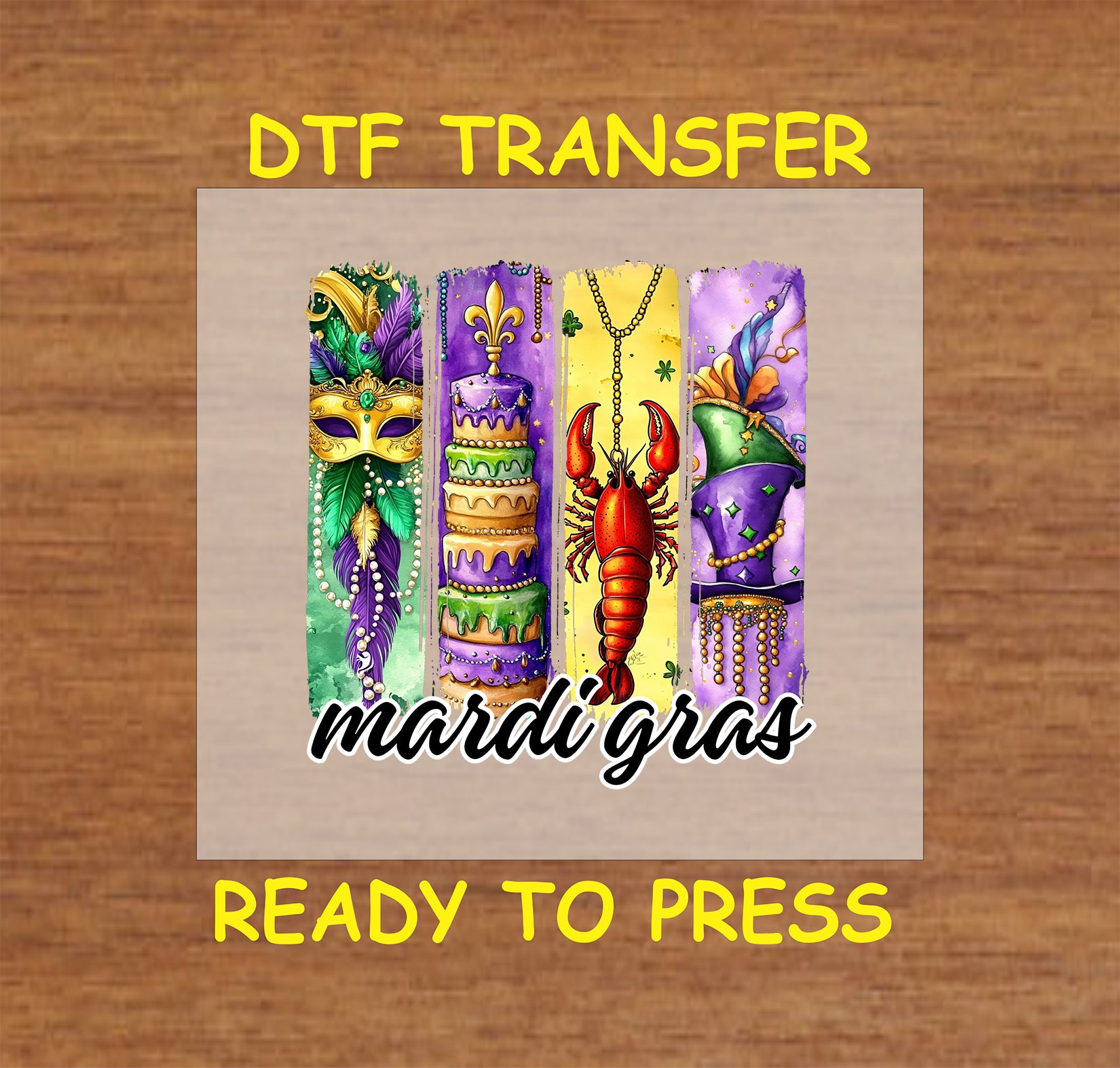 Mardi Gras-themed design with a mask, king cake, crawfish, beads, and festive decorations.