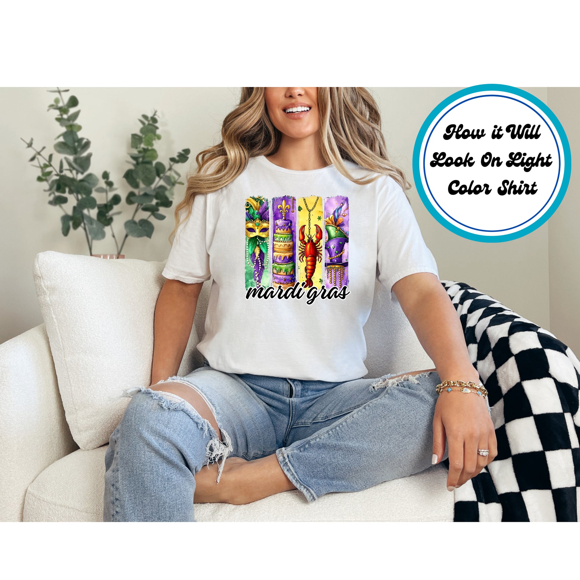 Mardi Gras-themed design with a mask, king cake, crawfish, beads, and festive decorations.